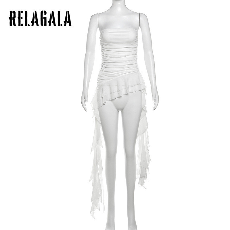 RelaGala ผู้หญิงใหม่สีทึบ Slim Street แฟชั่นปิดไหล่แขนกุดจีบด้านบน — صورة 6