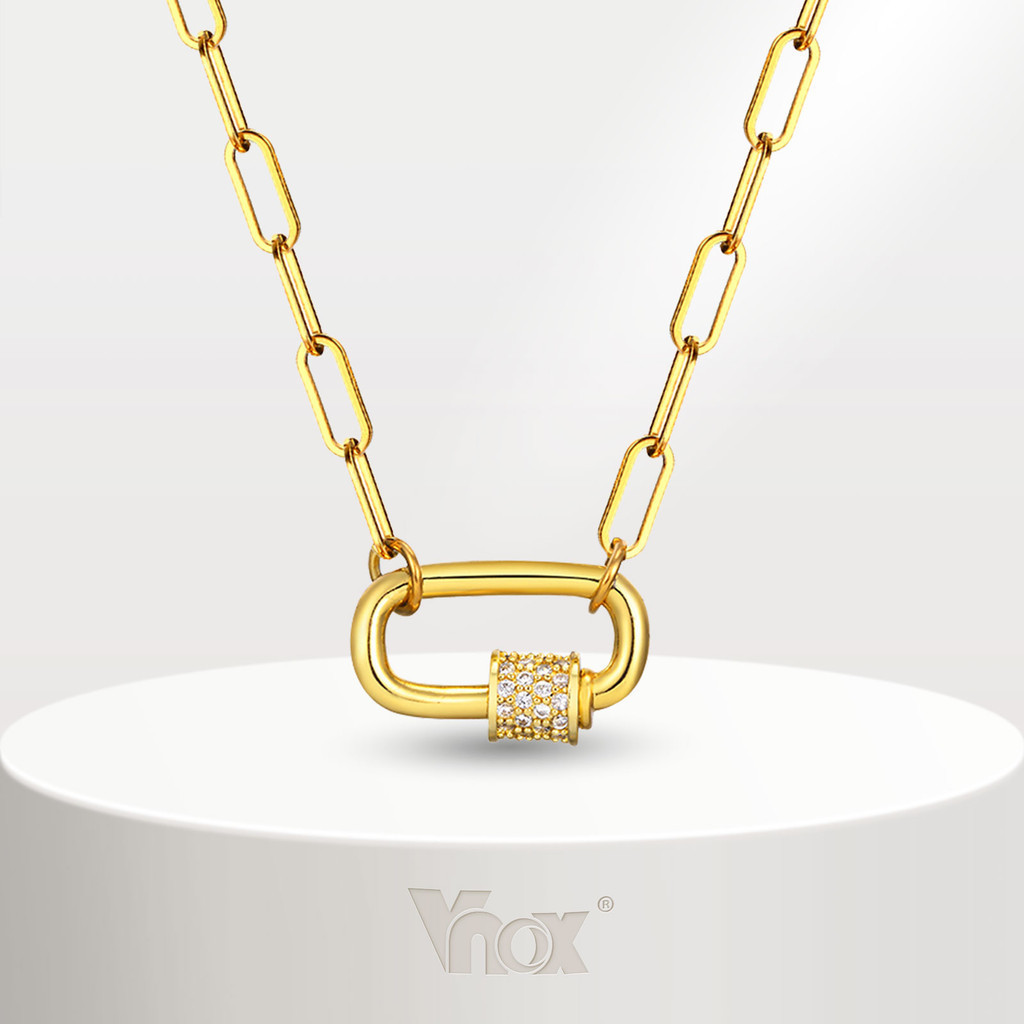 Vnox สร้อยคอโซ่ เหล็กสเตนเลส 18K ประดับเพทาย ทรงวงรี สําหรับผู้หญิง