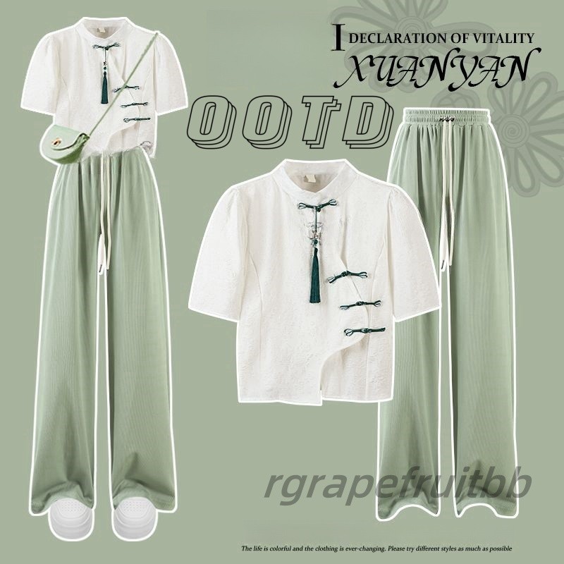 Hanfu🌸ชุดเซท2ชิ้น เสื้อแขนพอง+กางเกงลำลอง สไตล์จีน แฟชั่นฮั่นฝู ผ้านิ่มมาก ใส่สวยดูแพงทันที