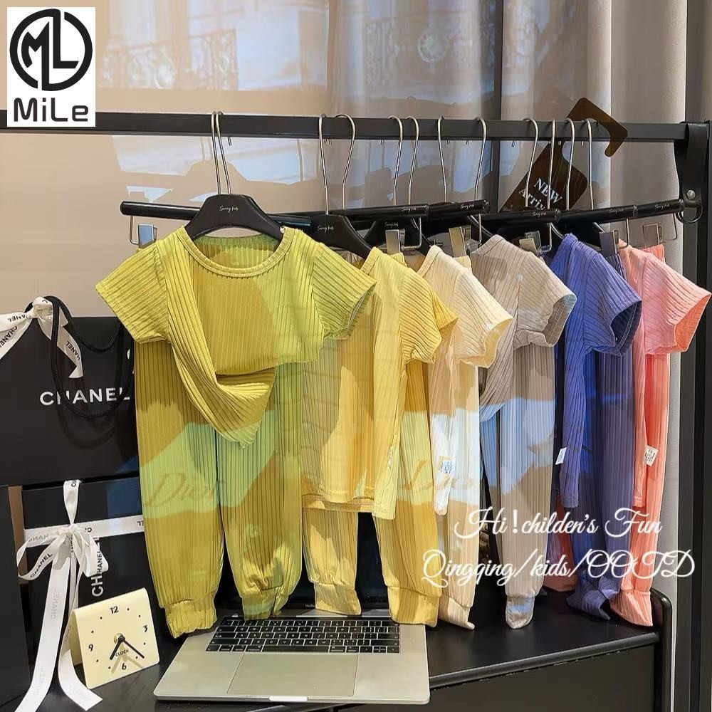 [ML] 80-160 ซม. เด็ก ฤดูร้อน สไตล์ใหม่ สีพื้น แขนสั้น ชุดสูทเกาหลี เวอร์ชั่นลําลอง บ้าน ชุดเด็กผู้ชาย เด็กผู้หญิง เสื้อผ้า