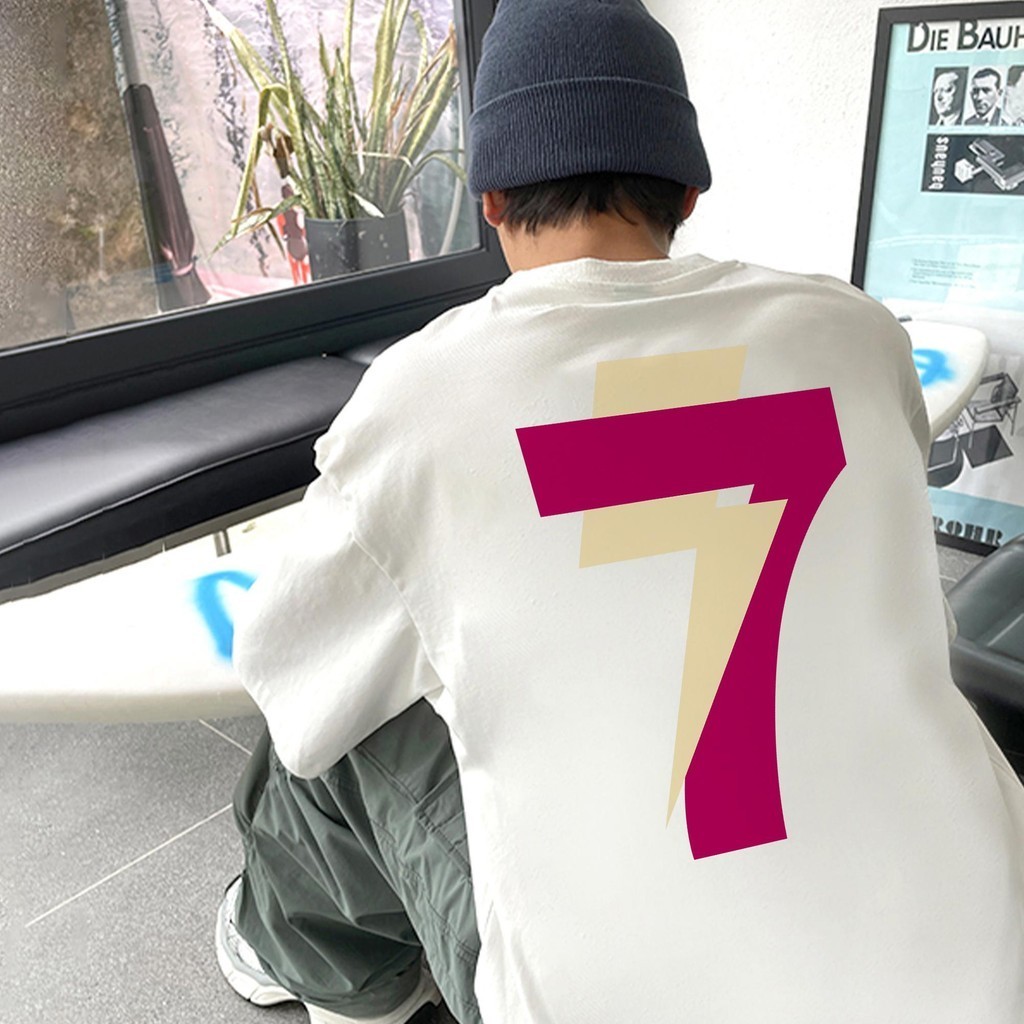 TeeTwoOne เสื้อยืดโอเวอร์ไซส์ ผู้ชายและผู้หญิง ลาย "7" เสื้อยืดผ้าคอตตอน ผ้าฝ้ายใส่สบาย ยับยาก unisex