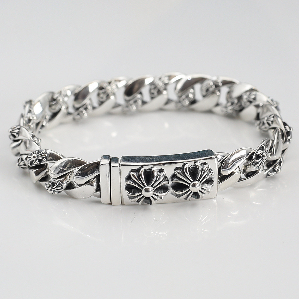 Chrome Hearts สร้อยข้อมือ เงิน 925 จี้รูปหัวใจ และลูกเสือ และดอกไม้ สไตล์ฮิปฮอป แฟชั่นเรโทร สําหรับผู้ชาย