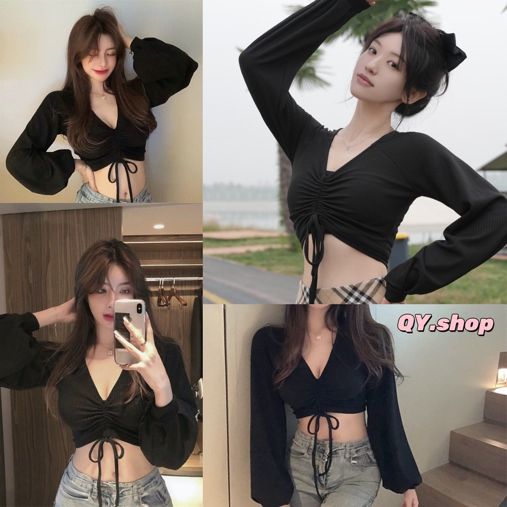 QY.Shop⭐️สินค้าราคาพิเศษ⭐️เสื้อแขนยาว คอวี ดีเทลสายรูดตรงอกเก๋ๆ คาวาอี้ ยืดรัดตัวกำลังดี "FY2418"