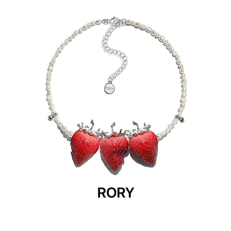 ♥♥กรุงเทพมหานครที่ดีที่สุด♥♥Rory ออริจินัลสตรอเบอร์รี่สามคำธรรมชาติมุกบาร็อคหนาชุบทอง K สร้อยคอดีไซน์เฉพาะ♥♥