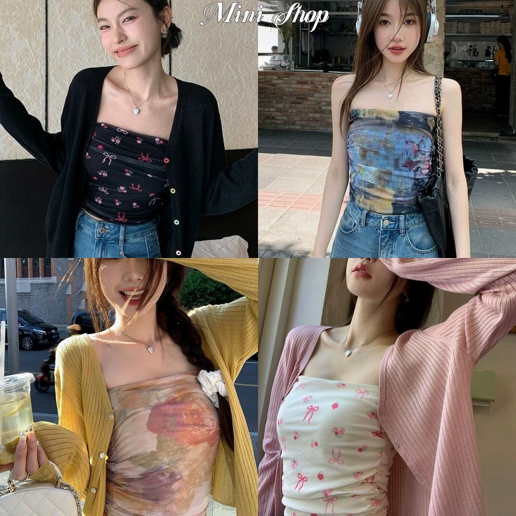 Mini shop🌸พร้อมส่ง🌸 (FY6892เสื้อเกาะอก ผ้าชีฟองน้ำ มีฟองน้ำ มินิมอนสไตล์ ลวดลายสวยน่ารักใส่สบาย