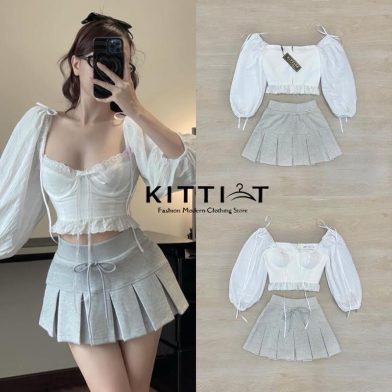 NN. l (พร้อมส่ง) Kitti89 ชุดset kawaii ตัวเสื้อเป็นแขนตุ๊กตา ตกแต่งด้วยริบบิ้น NN.shop