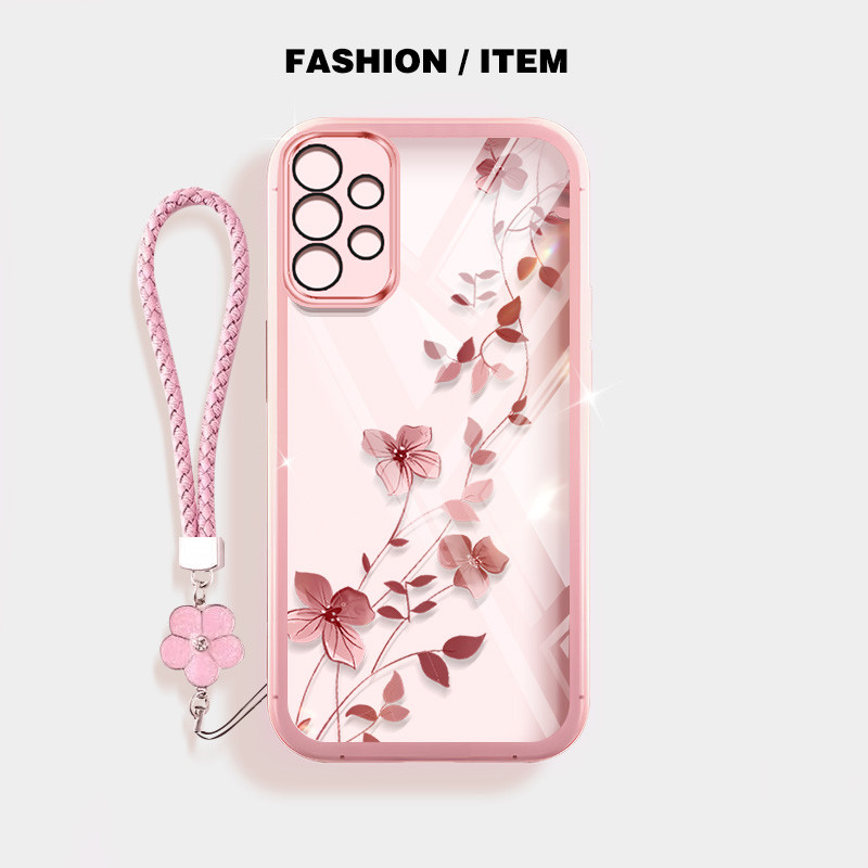 สําหรับ Samsung Galaxy A23 A32 A52 A72 4G 5G A33 A53 A73 M32 A52S 5G ดอกไม้ Vine พืชดอกไม้เชือกแขวน Anti Fall โปร่งใสเคสโทรศัพท์