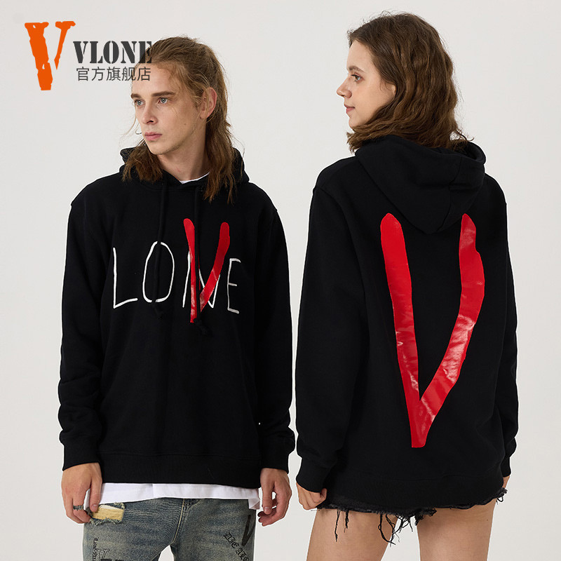 [100% Cotton] Vlone Hoodie Love พิมพ์ High Street หลวมผ้าฝ้าย Big V เสื้อกันหนาว