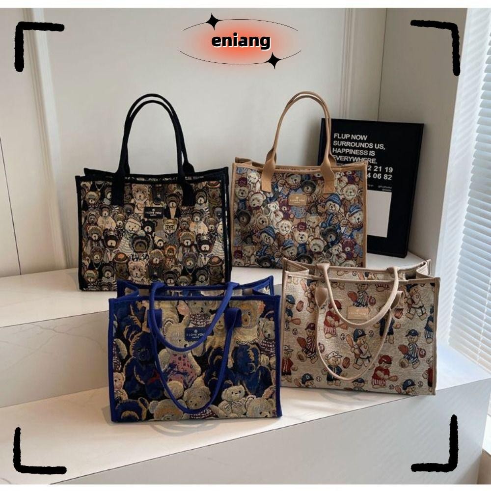 Eniang815 กระเป๋าถือ, กระเป๋าสะพายปักลายการ์ตูนหมีแบบพกพา, กระเป๋าโท้ทความจุขนาดใหญ่แบบสบาย ๆ