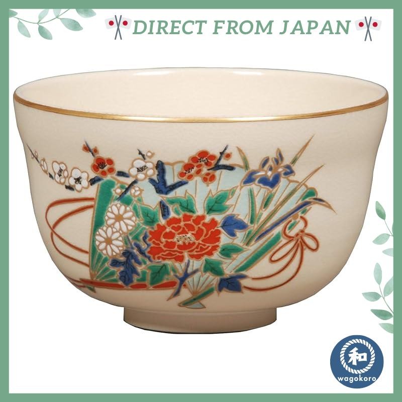Miyachi Eikou Matcha Bowl White Size: 12.4cm diameter x 7.8cm height / Nisei Higasa Paper Fan in a B