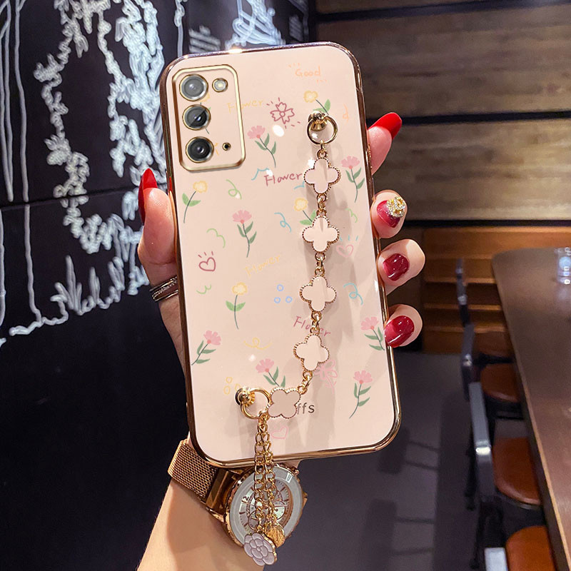 เคสโทรศัพท์มือถือ กันกระแทก ลายดอกไม้ ใบโคลเวอร์สี่แฉก พร้อมสายคล้องมือ สําหรับ Samsung Galaxy Note 20 4G 5G Note 20 Ultra Note 10 Lite S10 Lite 2020 A81 A91