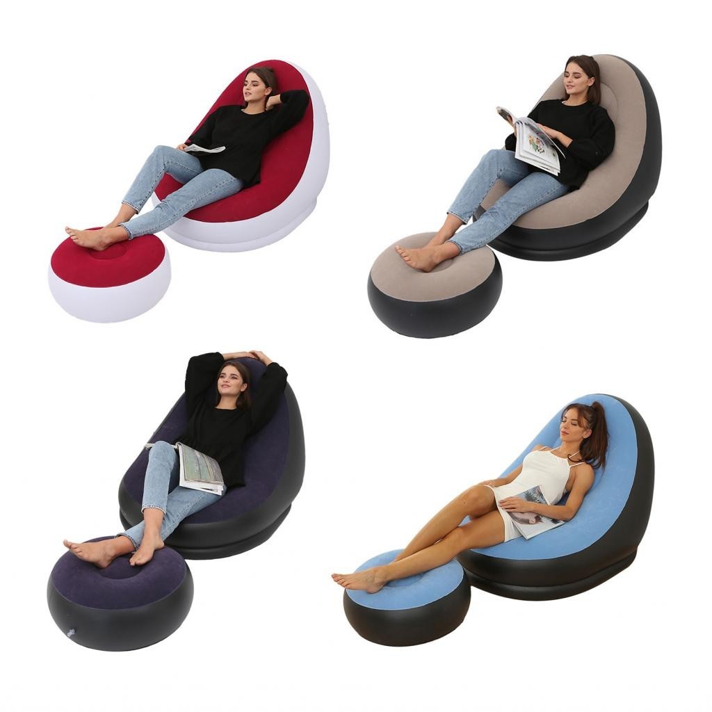 Inflatable Lounge Chair with Foot Stool Portable Foldable Flocking PVC Blow Up Sofa for Home Outdoor Camping Travel