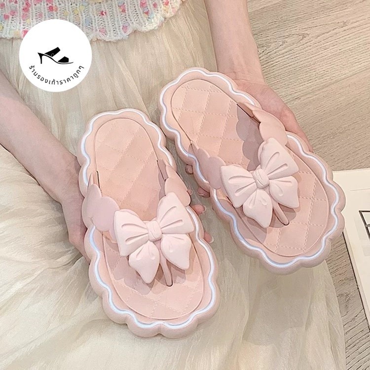 รองเท้าแตะเกาหลีน่ารักมาก รองเท้าแตะผู้หญิง พร้อมส่งในไทย แนวเจ้าหญิงละมุนมาก แต่งลายโบว์ พื้นนุ่มใส่สบาย #sy62