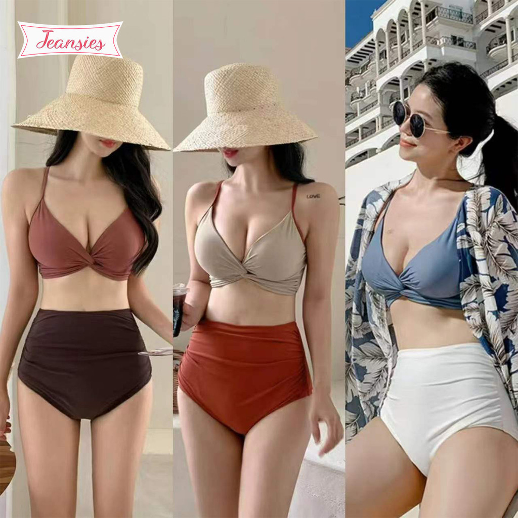 แฟชั่นเกาหลีชุดว่ายน้ำทูพีช 2 ชิ้น เสื้อสายเดียว กางเกงเอวสูง สีพื้นทรูโทน