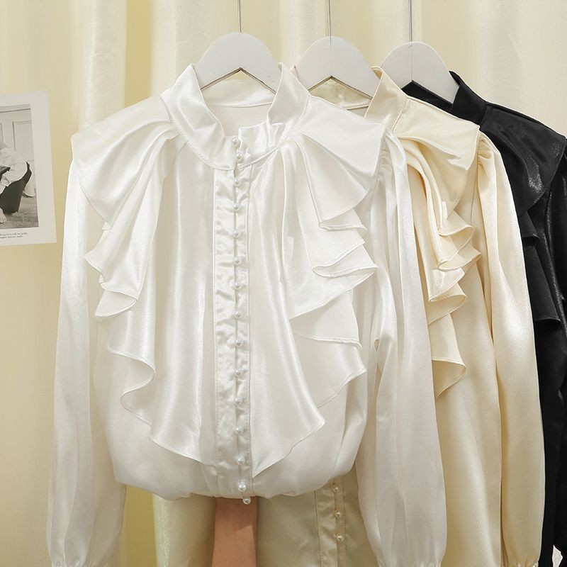 เสื้อเชิ้ตทรัมเป็ต แต่งกระดุมแถวเดียว แต่งระบาย สไตล์ตะวันตก แฟชั่นฤดูใบไม้ผลิ สําหรับผู้หญิง