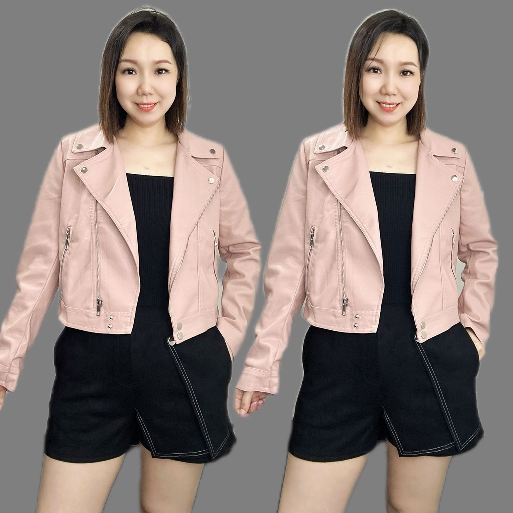 สีชมพู PU BUTTON ZIP BIKER JACKET ผู้หญิง APPAREL เสื้อผ้ามาใหม่