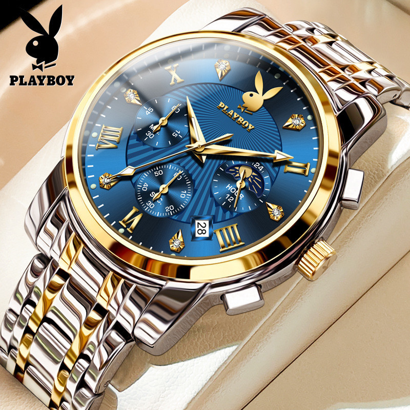 Playboy Watch 3066 (ของแท้ 100% + กล่องของขวัญ) มัลติฟังก์ชั่น รายเดือน โครโนกราฟ ปฏิทิน กันน้ํา ระดับไฮเอนด์ นาฬิกาข้อมือควอตซ์ สําหรับผู้ชาย