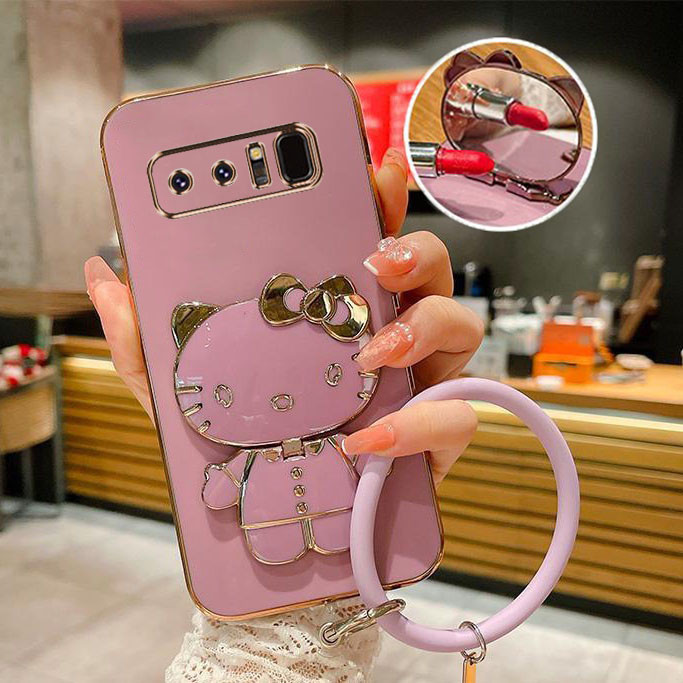 เคส Samsung NOTE 8 ชุบไฟฟ้า Hello Kitty ขาตั้งกระจกเครื่องสําอาง เคสนิ่ม พร้อมสายคล้อง