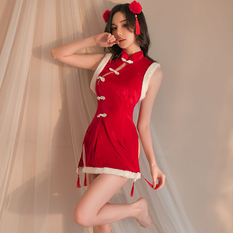 Uhei UHEI ชุดนอน ชุดกี่เพ้า เซ็กซี่ สไตล์ใหม่ ซานต้า ผู้หญิง ตุ๊กตาจีน เซ็กซี่ น่ารัก บ้าน ชุดนอน 2045