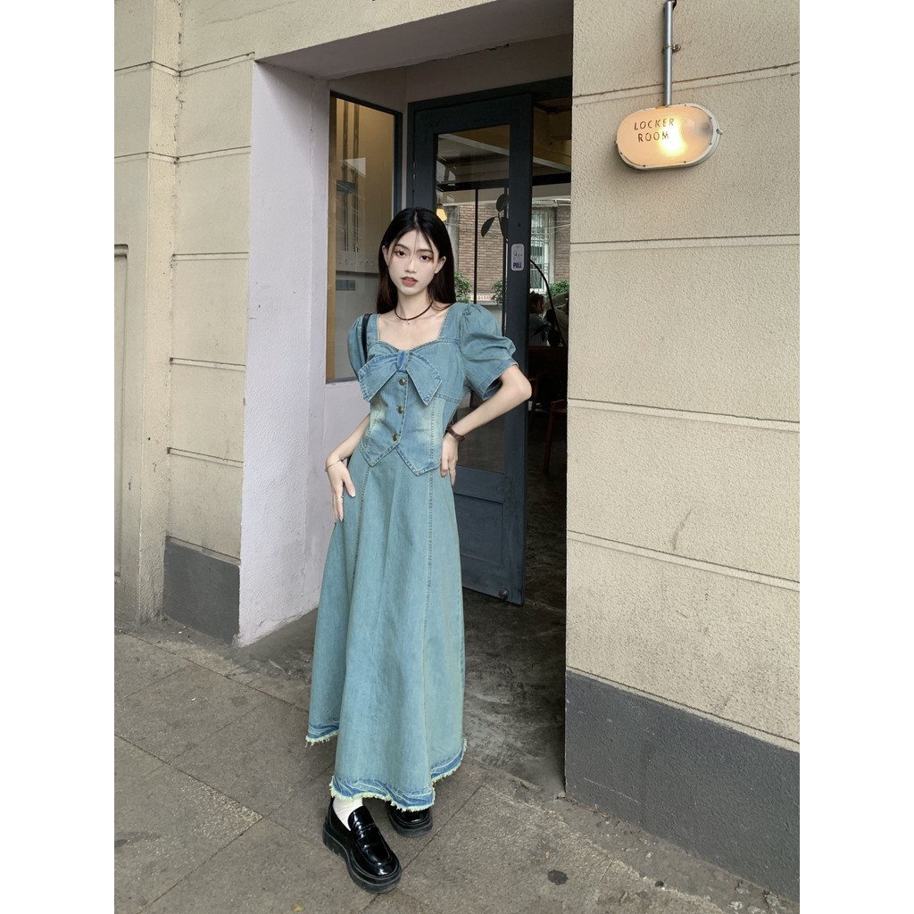 ชุดเสื้อเชิ้ตยีนแขนสั้น คอสี่เหลี่ยม กระโปรงยาว สองชิ้น สไตล์ฮ่องกง เรโทร แฟชั่นฤดูร้อน สําหรับผู้หญิง - รูปที่ 5