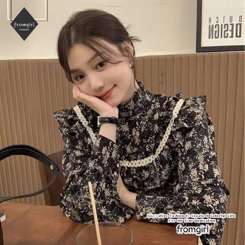 เสื้อเชิ้ต คอปก พิมพ์ลายดอกไม้ สไตล์วินเทจ แฟชั่นฝรั่งเศส