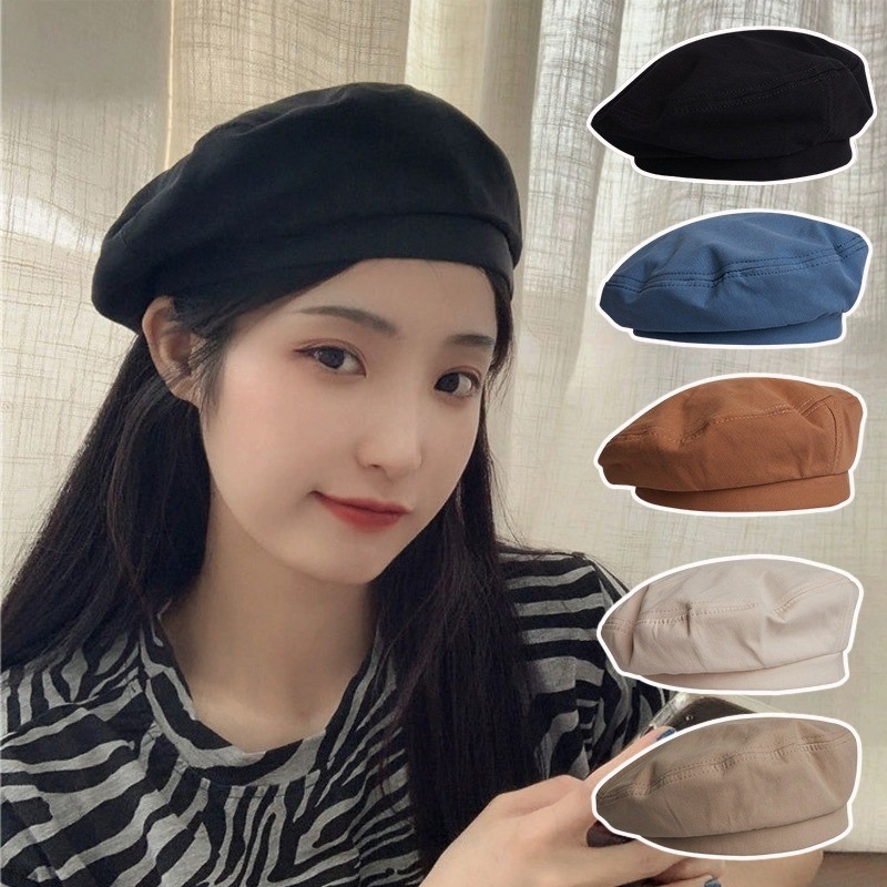 หมวกเบเร่ต์ หมวกผ้า สีพื้น แฟชั่นสไตล์เกาหลี สําหรับผู้หญิง