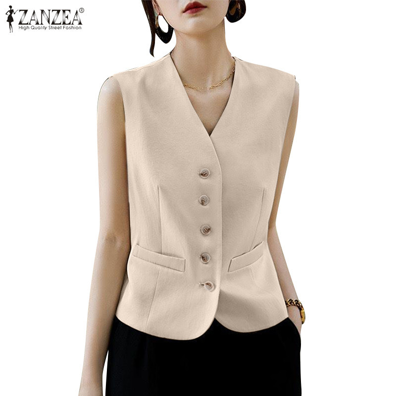 Zanzea ผู้หญิง เกาหลี เปิด กระเป๋า กระดุม ตกแต่ง กระเป๋า พนัง Cinched เสื้อกั๊ก เอว