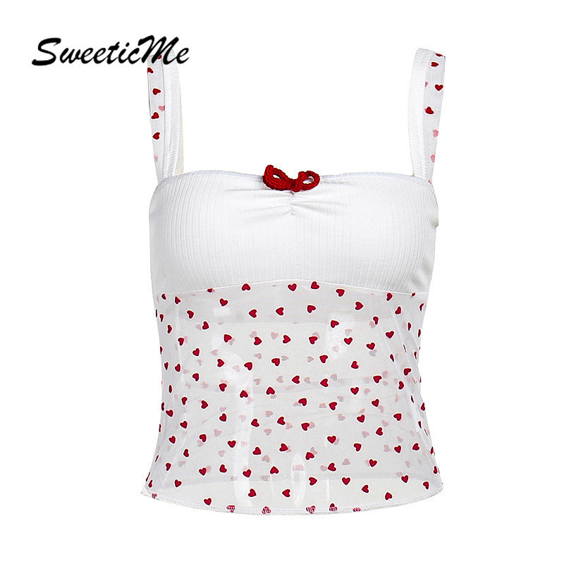 Sweeticme เสื้อกล้ามลําลอง ผ้าตาข่าย พิมพ์ลายโบว์ เซ็กซี่ แฟชั่นสําหรับสตรี 2024