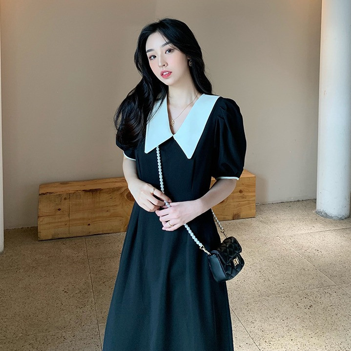 ชุดเดรส ความยาวปานกลาง คอปก สีดํา สไตล์เฮปเบิร์น ฝรั่งเศส เรโทร เหมาะกับฤดูร้อน สําหรับผู้หญิง