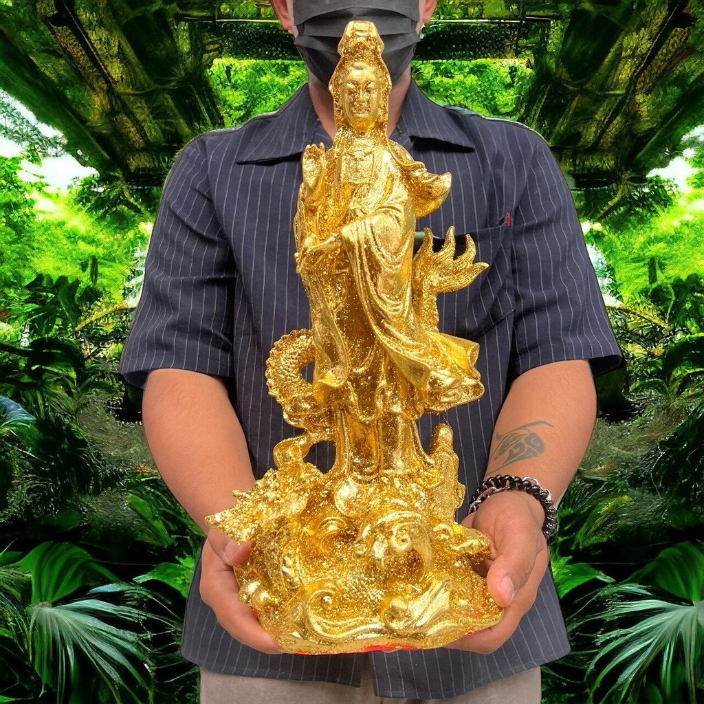 เจ้าเเม่กวนอิม สีปิดทอง องค์ใหญ่ เเบบยืนฐานมังกร สูง 14 นิ้ว