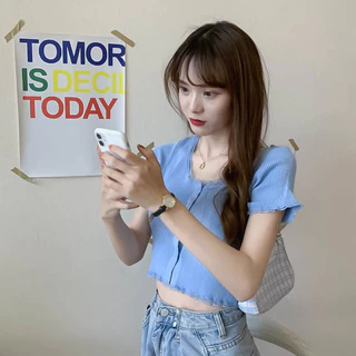 เสื้อครอปแขนสั้น คอกลมหยัก สวยเก๋ น่ารัก ครอปน่ารัก
