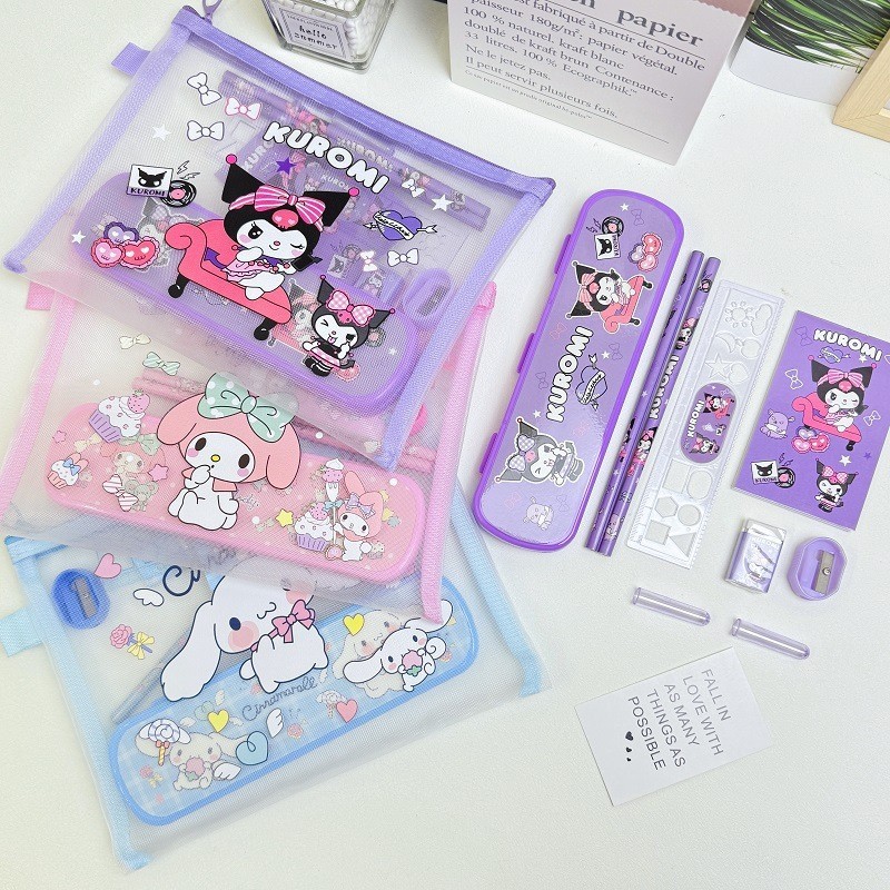 Sanrio ชุดเครื่องเขียน 10 ชิ้น ชุดเครื่องเขียน การ์ตูน kuromi melody Cinnamoroll กล่องดินสอ ไม้บรรทัด กบเหลาดินสอ ยางลบ การเรียนรู้ กล่องของขวัญ สําหรับเด็กอนุบาล