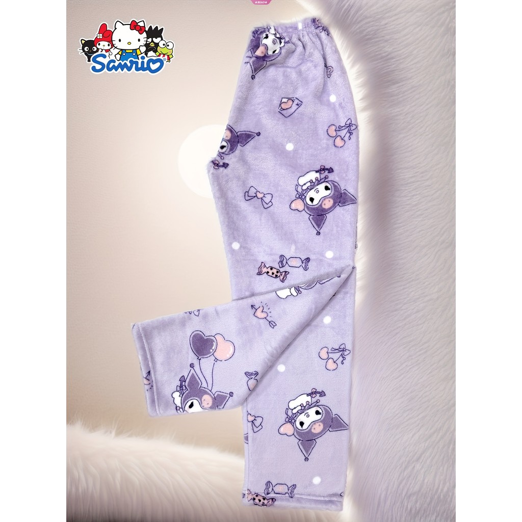 SANRIO กางเกงวอร์มขายาวแบบหนา ซานริโอ คุโรมิ ผ้าสักหลาดสําหรับเยาวชนเหมาะสําหรับทั้งและเหมาะกับฤดูใบไม้ร่วงและฤดูหนาว