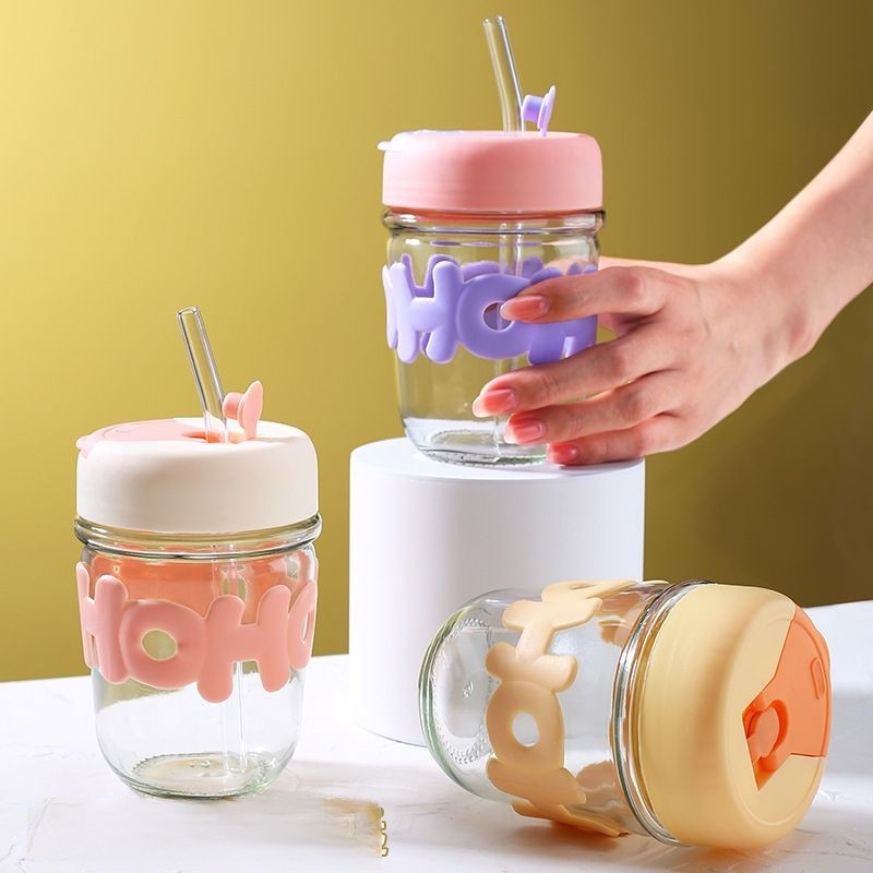 แก้วใส่น้ำ พร้อมหลอดแก้ว 350ML น่ารัก #W-0004