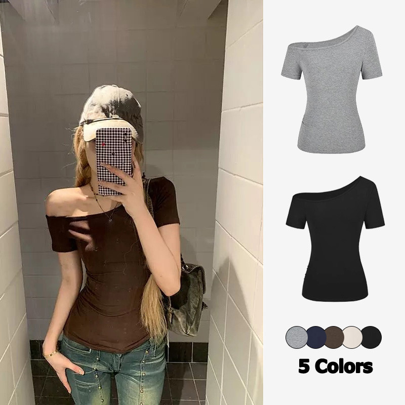 BIMI เสื้อยืดแขนสั้นโชว์ไหล่ สไตล์สาวแซ่บเซ็กซี่ สำหรับผู้หญิง รุ่นใหม่ปี 2025 ทรงกระชับตัว สีทึบ เสื้อครอปทรงเข้ารูป
