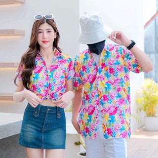 PINK013 เสื้อเชิ้ตลายดอก ผ้าคอตตอน100% สีไม่ตก ผ้าไม่หด ลายค…