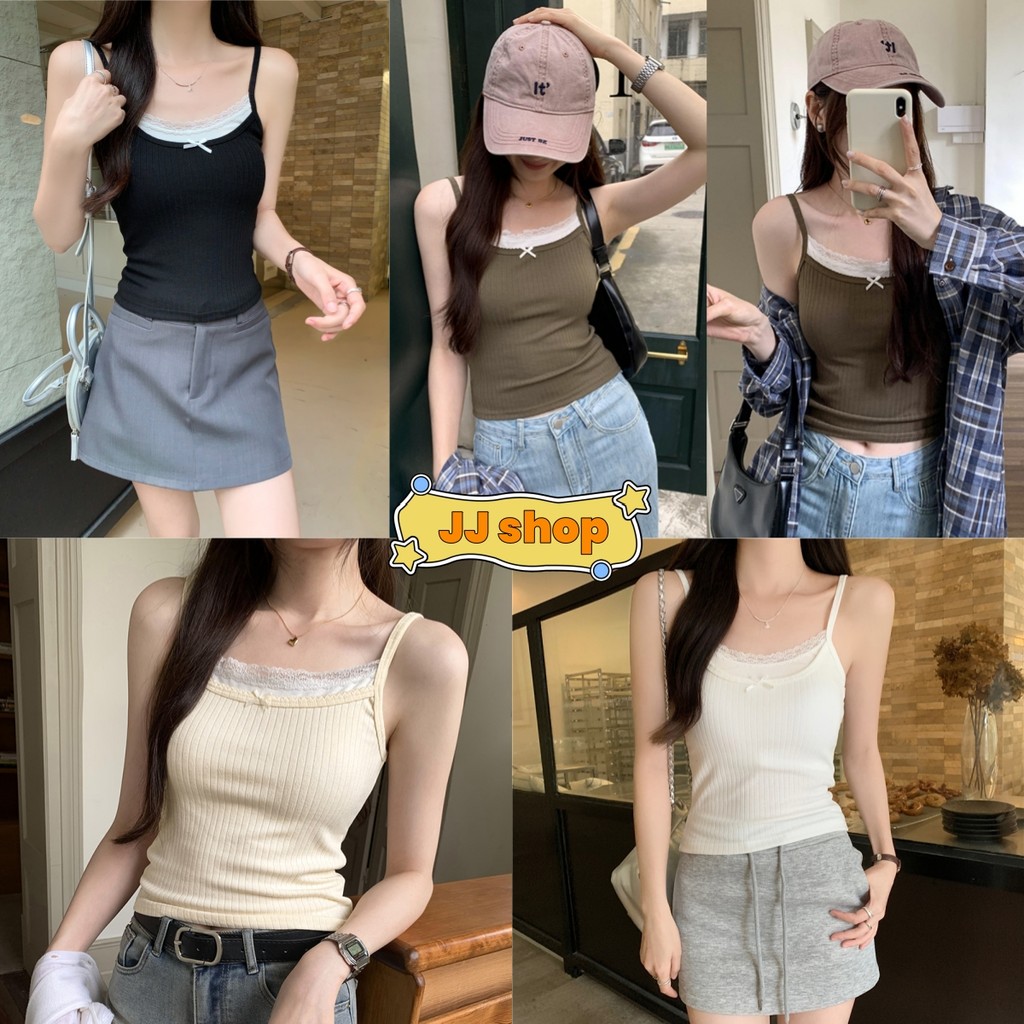 JJ Shop​💜​พร้อมส่ง เสื้อสายเดี่ยวคอกลม มีฟองน้ำ ดีเทลแต่งขอบลูกไม้ ผ้านุ่มนิ่มติดโบว์ "FY2109-P"