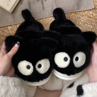 ฉี่ น่าเกลียดน่ารักตาโตแมวดําน้อยสุภาพสตรีขนแกะบ้านที่อบอุ่นรองเท้าแตะผ้าฝ้าย