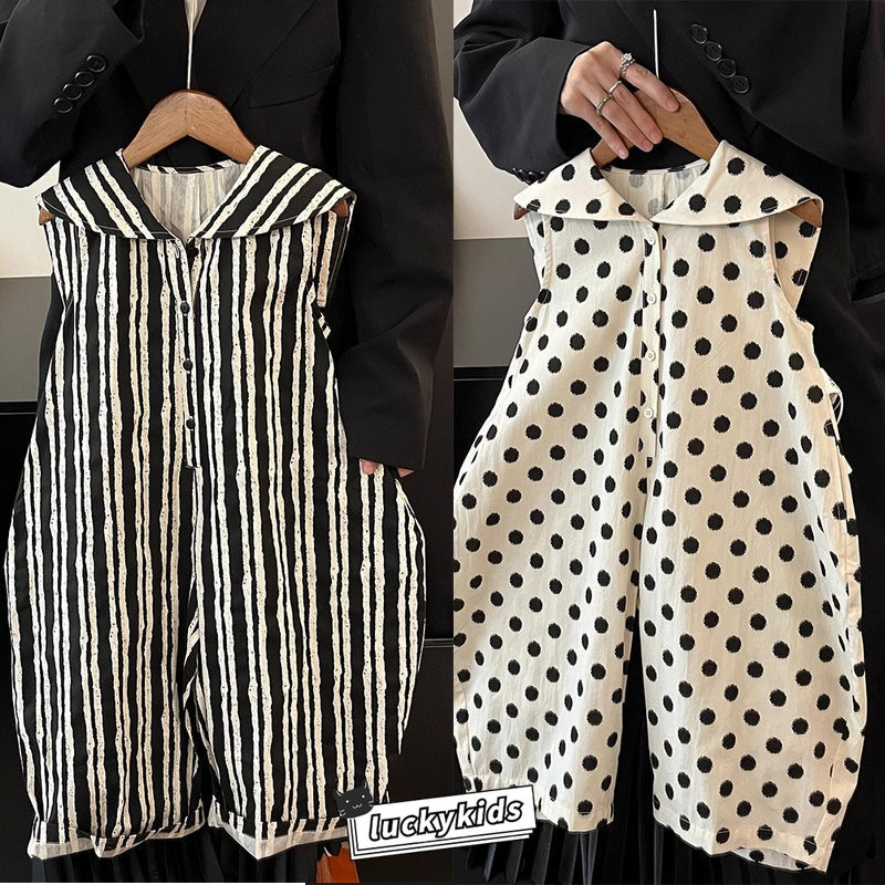 ฤดูร้อนเด็กชายหญิงหลวมผ้าฝ้ายกะลาสีคอ jumpsuit แฟชั่นเด็กแขนกุดลายจุดลาย oversize bodysuit