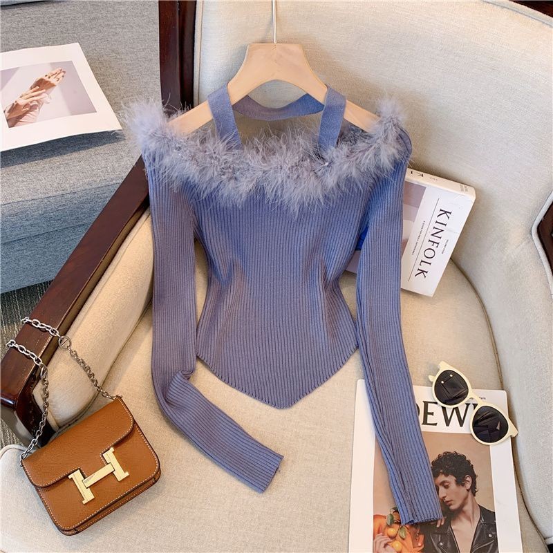 [Ginnie] COD PD-5HSSD หนึ่งไหล่เสื้อขนสัตว์ผู้หญิง 2024 ฤดูใบไม้ร่วง Pure Desire สาวร้อน Halter คอไม