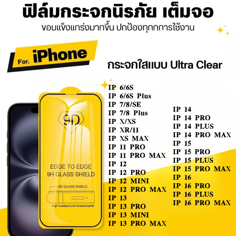 ฟิล์ม 9D เต็มจอ กันรอย กันกระแทก สำหรับ IPhone โทรศัพท์มือถือ 6 6S 7 8 SE X Xs XR 11 12 13 14 15 16 17 Pro Plus Pro Max