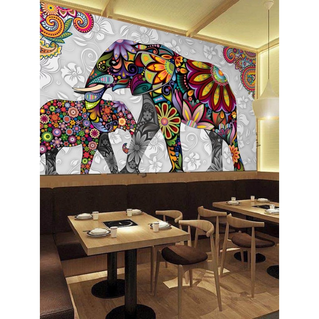 ผ้าผนังสไตล์เอเชียตะวันออกเฉียงใต้ ช้างไทย ภาพจิตรกรรมตกแต่งส่วนบุคคล ร้านอาหารไทย อาหารโรงแรม พื้นหลังวอลล์เปเปอร์ - รูปที่ 2