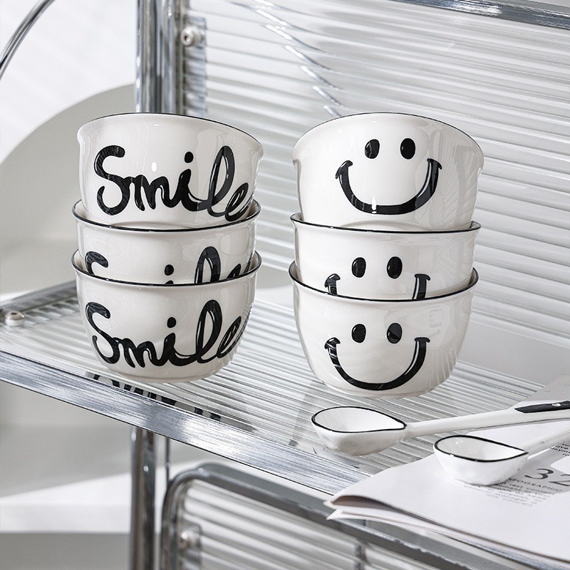 HOME818 จานชามเซรามิค ลายรูปยิ้ม (SMILE) จานลายเซรามิคกระเบื้อง