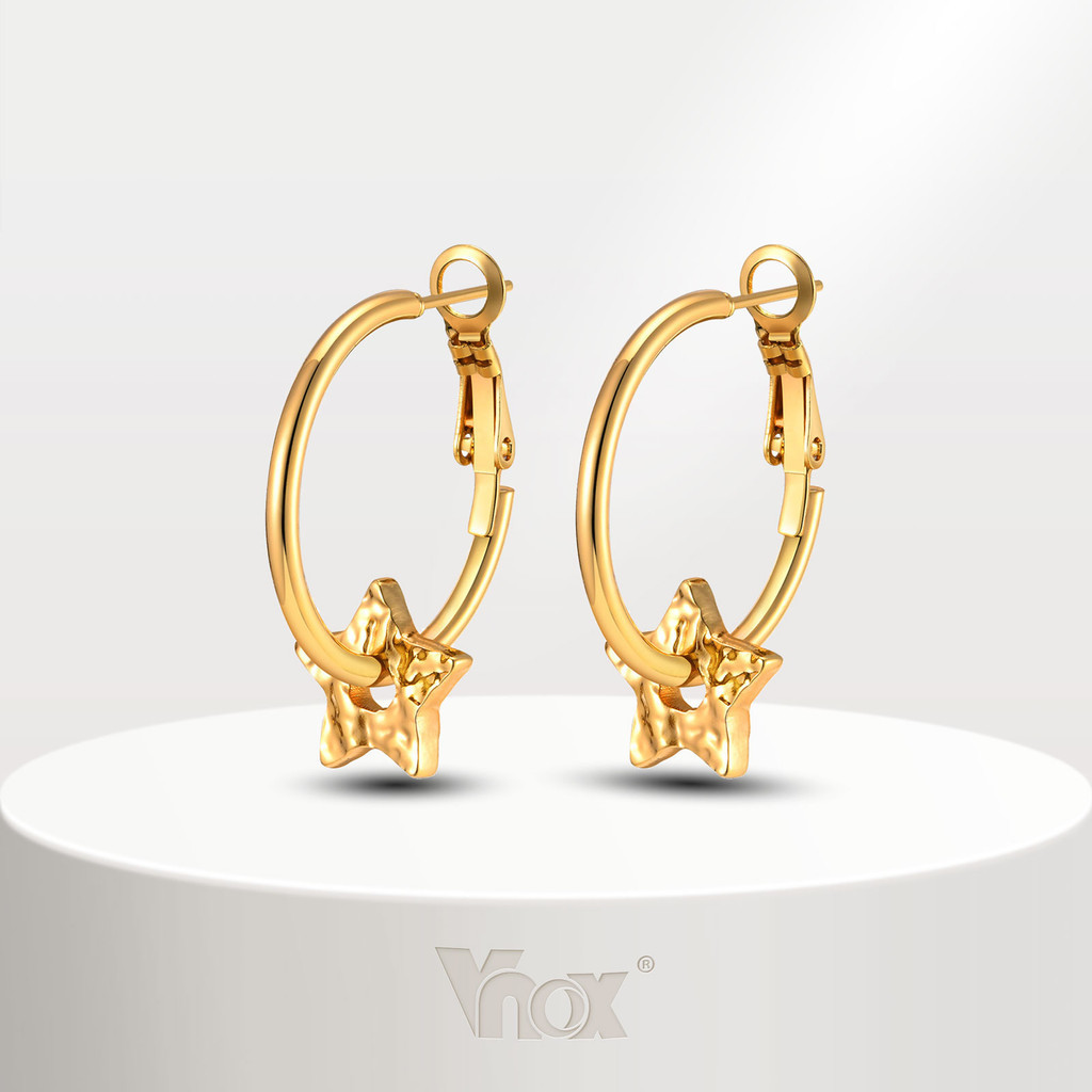 Vnox ต่างหูสตั๊ด สเตนเลส 18K ทรงกลม รูปดาว เครื่องประดับ สําหรับผู้หญิง