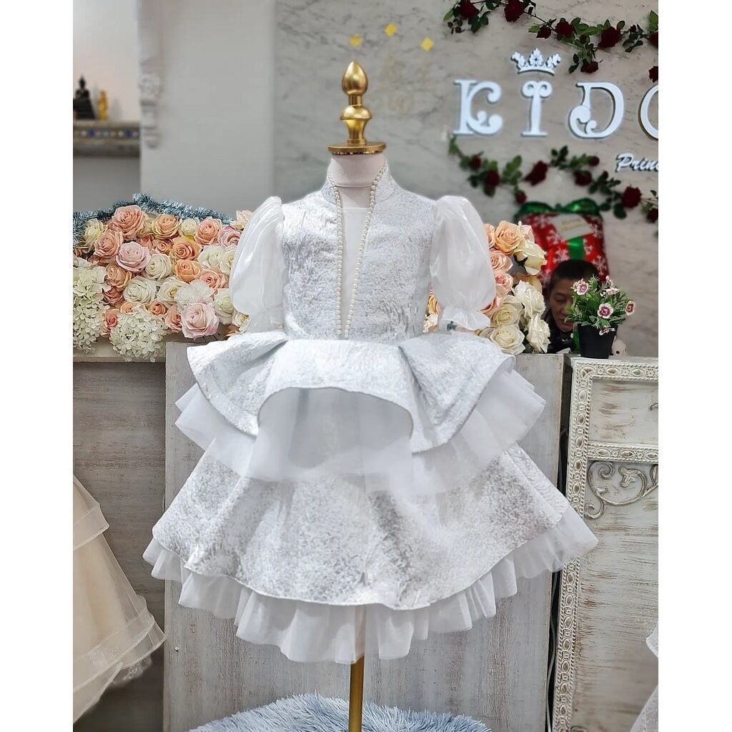 Kidoprincesskids ชุดราตรีเด็ก (ร้านอยู่รัชดา)ชุดออกงานเด็ก W18858 สีขาว แขนตุ๊กตา กระโปรงสั้นฟูชั้นๆ