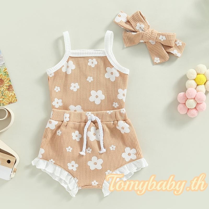 Tomybaby- ชุดรอมเปอร์ เสื้อกล้าม ผ้าถัก ลายดอกไม้ และกางเกงขาสั้น แต่งระบาย และที่คาดผม แฟชั่นฤดูร้อน สําหรับเด็กผู้หญิง 3 ชิ้น ราคา ถูกที่สุด ดีลบีเคเค แกลเลอรีภาพที่ 6