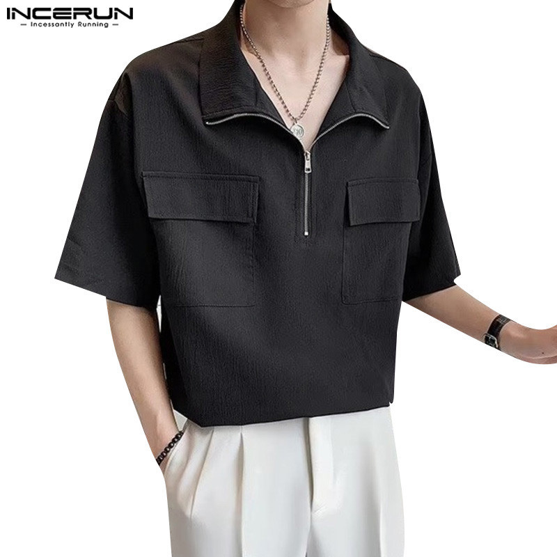 Incerun เสื้อยืดแขนสั้น มีซิป ออกแบบกระเป๋า สไตล์เกาหลี แฟชั่นสําหรับผู้ชาย