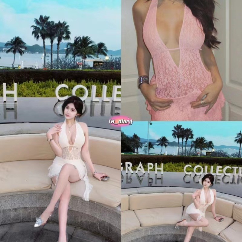 (จัดส่งจากกรุงเทพฯ) ฤดูร้อนรูปแบบใหม่ สตรีคอวีลึกเซ็กซี่ ลูกไม้เปลือยหลัง ชุด