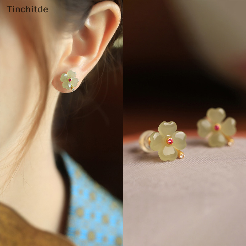 [Tinchitde] ต่างหูสตั๊ด หยกเทียม สี่แฉก นําโชค ออกแบบดี เรโทร เครื่องประดับแฟชั่น สําหรับผู้หญิง [Preferred]