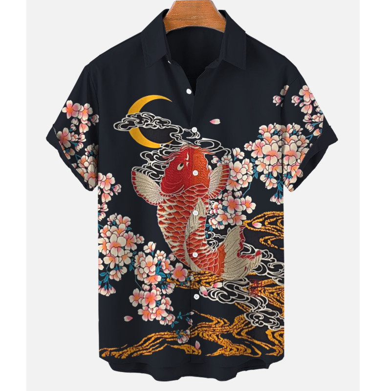 เสื้อเชิ้ตแขนสั้นลําลอง พิมพ์ลายปลาคาร์พ ทรงหลวม โอเวอร์ไซซ์ สไตล์ฮาวาย แฟชั่นสําหรับผู้ชาย 2024